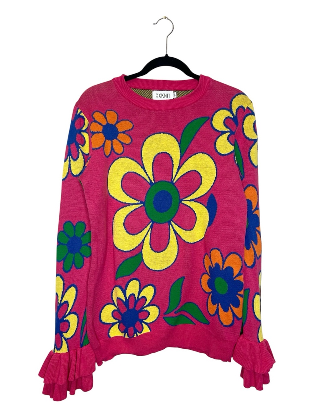 OXKNIT Groovy Retro Flower Ruffle Cuff Bold 100% Cotton Knit Sweater size XL